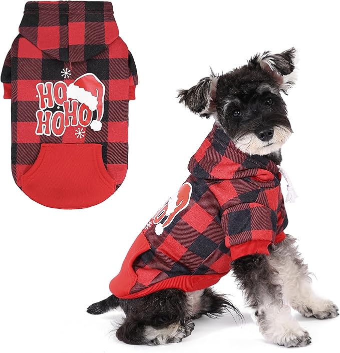 KOOLTAIL Christmas Dog Hoodie, Red Plaid Pet Sweater, Hat Hooded Sweatshirt Dog Clothes for Small Medium Large Dogs Boys Girls, Soft Warm Winter Cold Weather Coat with Leash Hole&Pocket, Santa, M