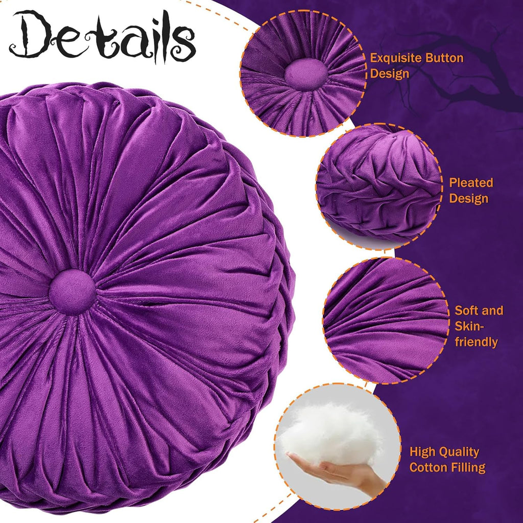 2 Pcs Round Throw Pillows 15 Inch Decorative Velvet Pleated Pumpkin Floor Boho Pillows for Living Room Couch Chair Bed Sofa (Black and Purple)