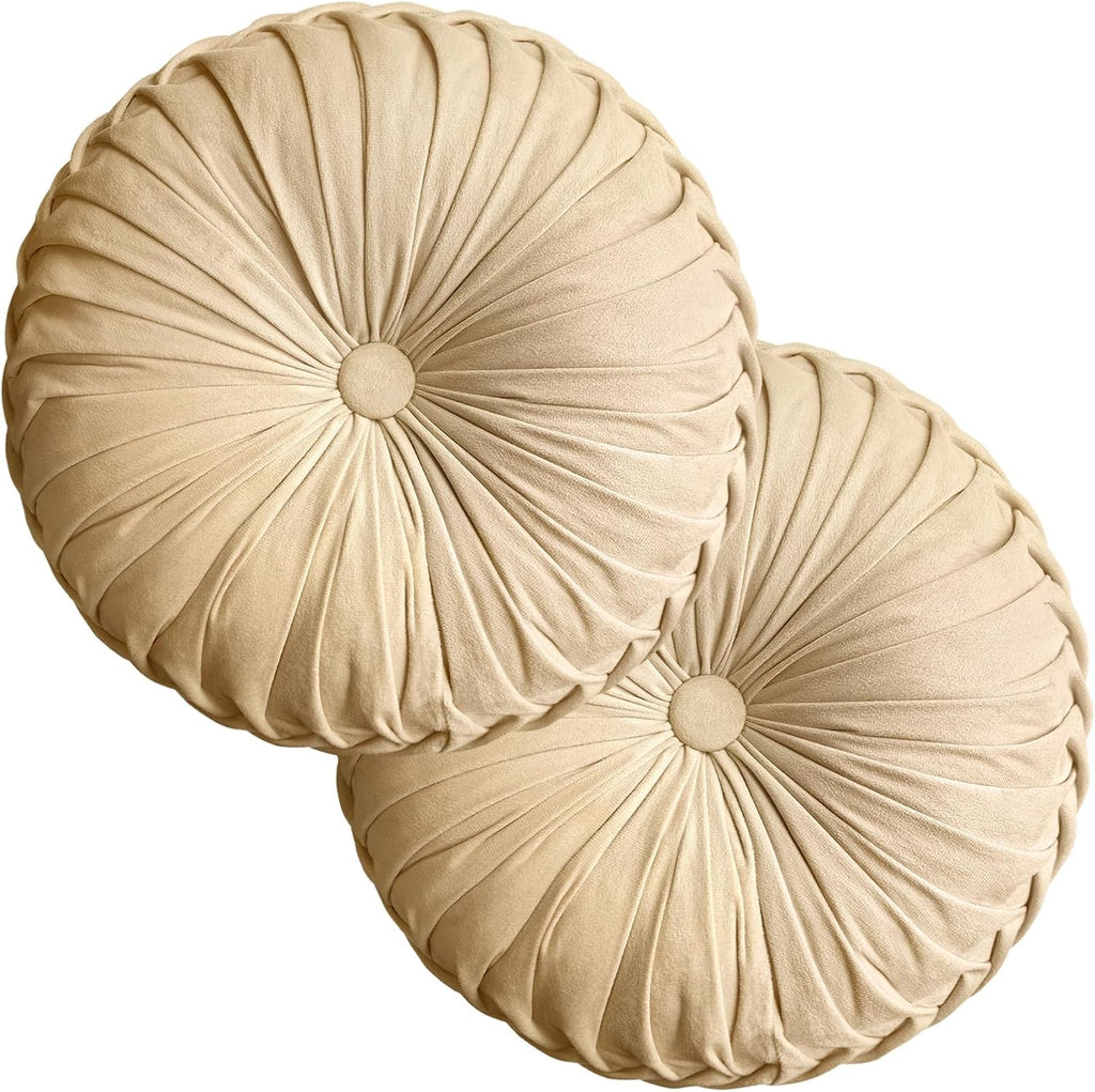 2 Pcs Round Throw Pillows Decorative Pumpkin Velvet Boho Pleated Bed Pillows Back Support for Couch Chair Dorm Car 14.96'' (Apricot)