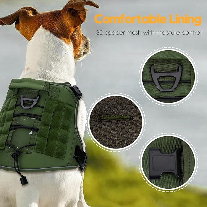 Heavy-Duty Tactical Dog Harness for Large Dogs, No Pull Adjustable Reflective Pet Vest with Molle System, K9 Military-Grade Control for Service Training, Outdoor & 10+ Breeds, Green, Large