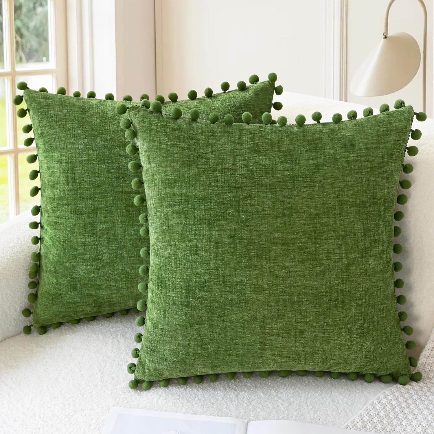 CaliTime Throw Pillow Covers Decorative 18 X 18 Inches Pack of 2 Cozy Solid Dyed Soft Chenille Cushion Cases with Pom Poms for Couch Sofa Bed Living Room Home Forest Green