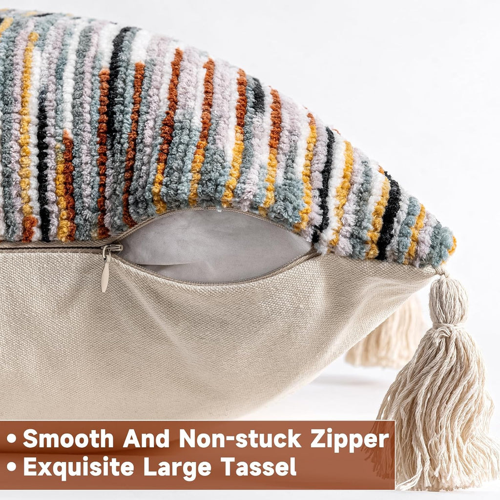 AmHoo Boho Throw Pillow Cover Decorative Bohemian Woven Tufted Striped Farmhouse with Tassels Textured Cushion Case Pillowcase Neutral for Sofa Couch Bed 18 x 18-Inch Black Brown