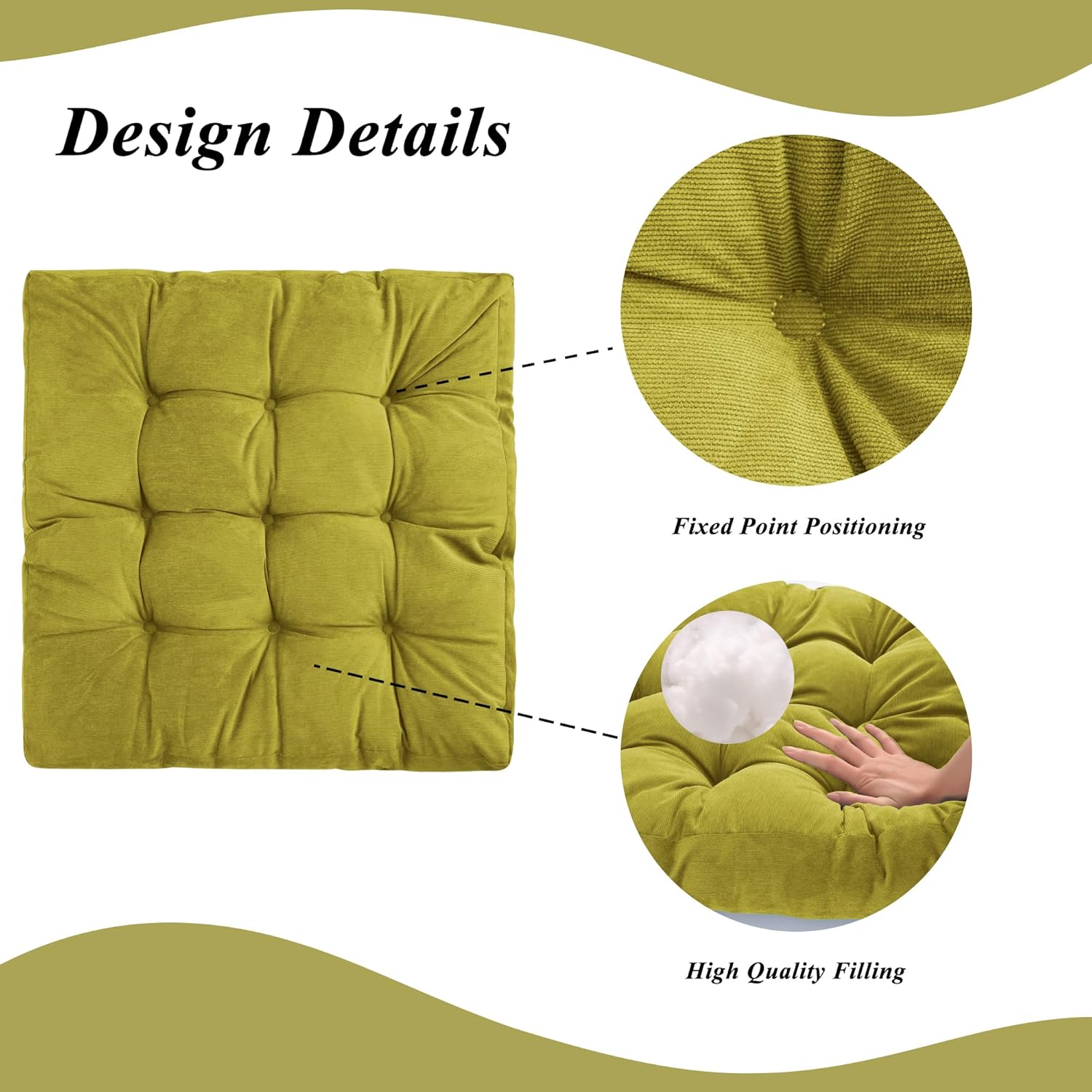 Meditation Floor Pillow 22×22 Inch 1 Pack Large Floor Cushions for Adults Square Tufted Corduroy Floor Pillows for Yoga Living Tatami Room Green
