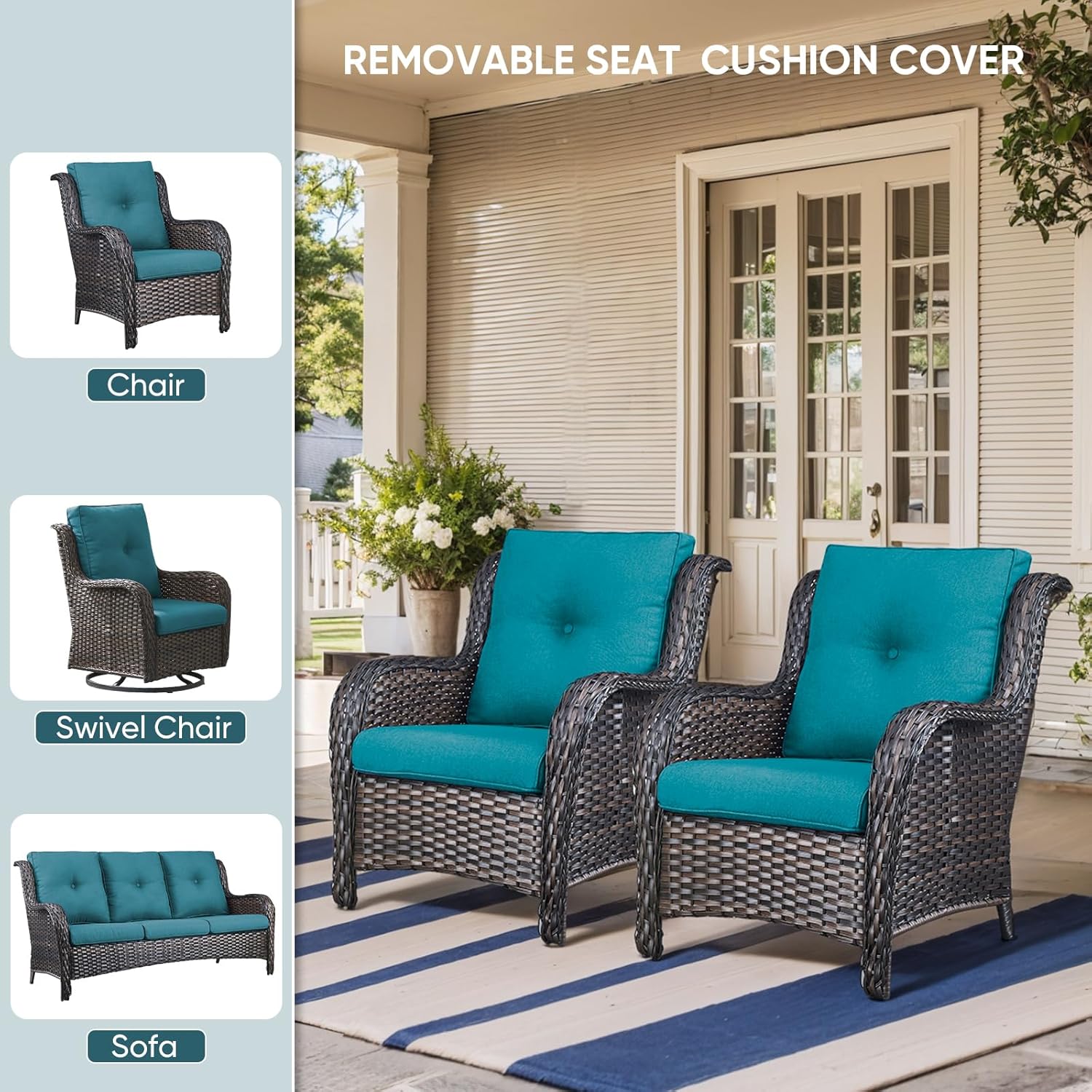 Patio Chair Cushions 6 Packs - Outside High Back Thick Water-Resistant Cushion 22x24 for Outdoor Glider Rocking Chairs Loveseat 3-Seater Couch Sofa – Peacock Green/Buckle