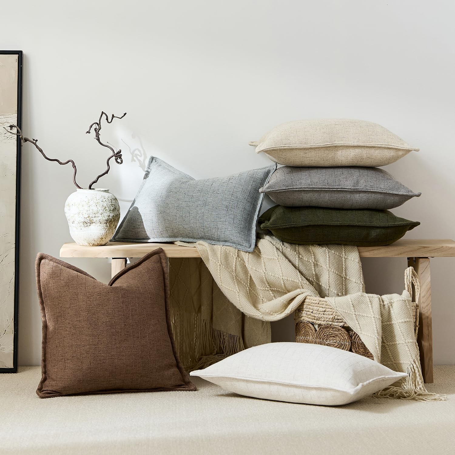 20x20 Linen Pillow Covers Olive Green Pack of 2 Farmhouse Boho Neutral Accents Striped Textured Square Decorative Throw Pillow Cases for Living Room Couch Bed Home Decor