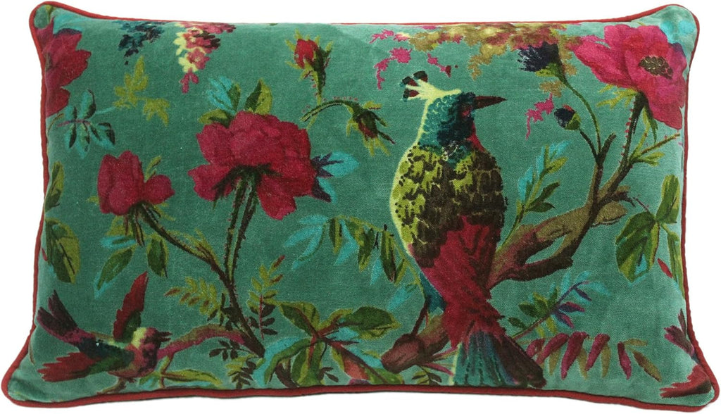 Eyes of India Velvet Floral Flower Bird Throw Pillow Sofa Cushion Cover Case Couch Colorful Boho Chic Bohemian Accent Indian Handmade (Green, 20" x 12")