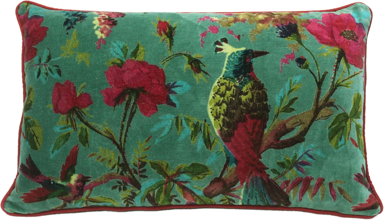 Eyes of India Velvet Floral Flower Bird Throw Pillow Sofa Cushion Cover Case Couch Colorful Boho Chic Bohemian Accent Indian Handmade (Green, 20" x 12")