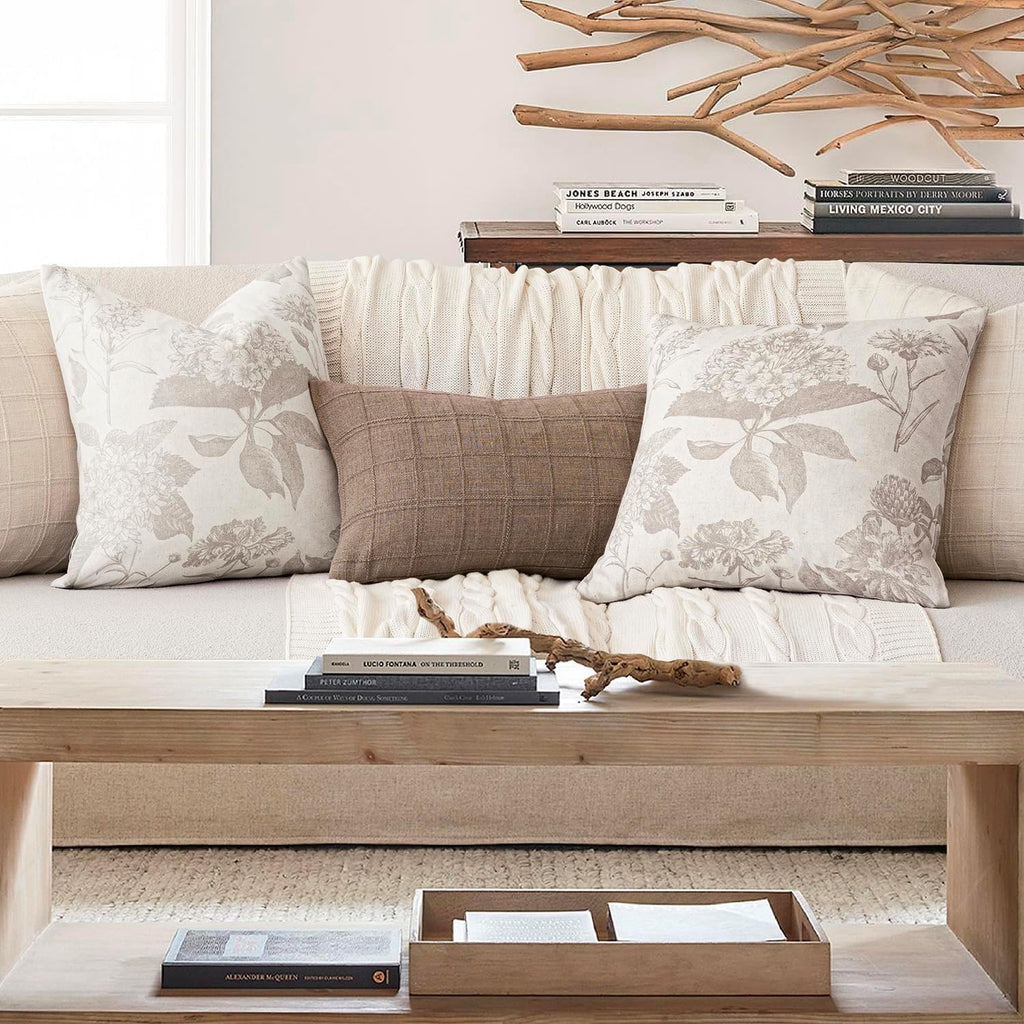 Foindtower Set of 2 Linen Floral Vintage Throw Pillow Covers Neutral Accent Decorative Cushion Covers Farmhouse Boho Home Decor for Sofa Chair Couch Bedroom Living Room,20×20 Inch,Tan Beige