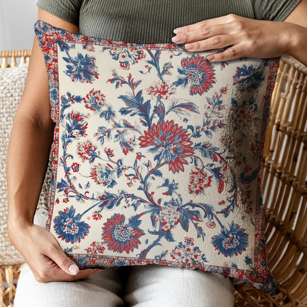 Bohemian Pillow Covers | Vintage Floral & Carpet Design | Double Sided Blue White Decorative Pillowcases for Couch, Bed | Indoor Outdoor Boho Home Decor (Red&White, 18x18inches)