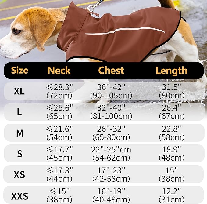Mile High Life Dog Raincoat, Adjustable Waterproof Reflective Rain Jacket for Small Medium Large Dogs, Lightweight Breathable Pet Rain Coat with Leash Hole(Brown,S Chest 22-25")