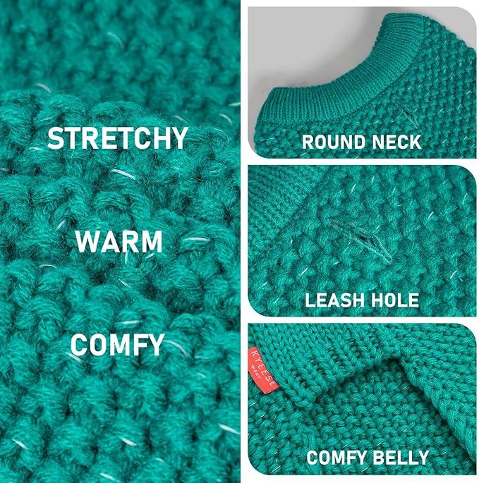 KYEESE Dog Christmas Sweater with Leash Hole for Small Dogs Male Warm Pullover with Reflective Thread Soft Knitwear Boy Dog Clothes Cozy Lightweight Thick Sweater Pet Indoor Outdoor Wear,Green,X-Small