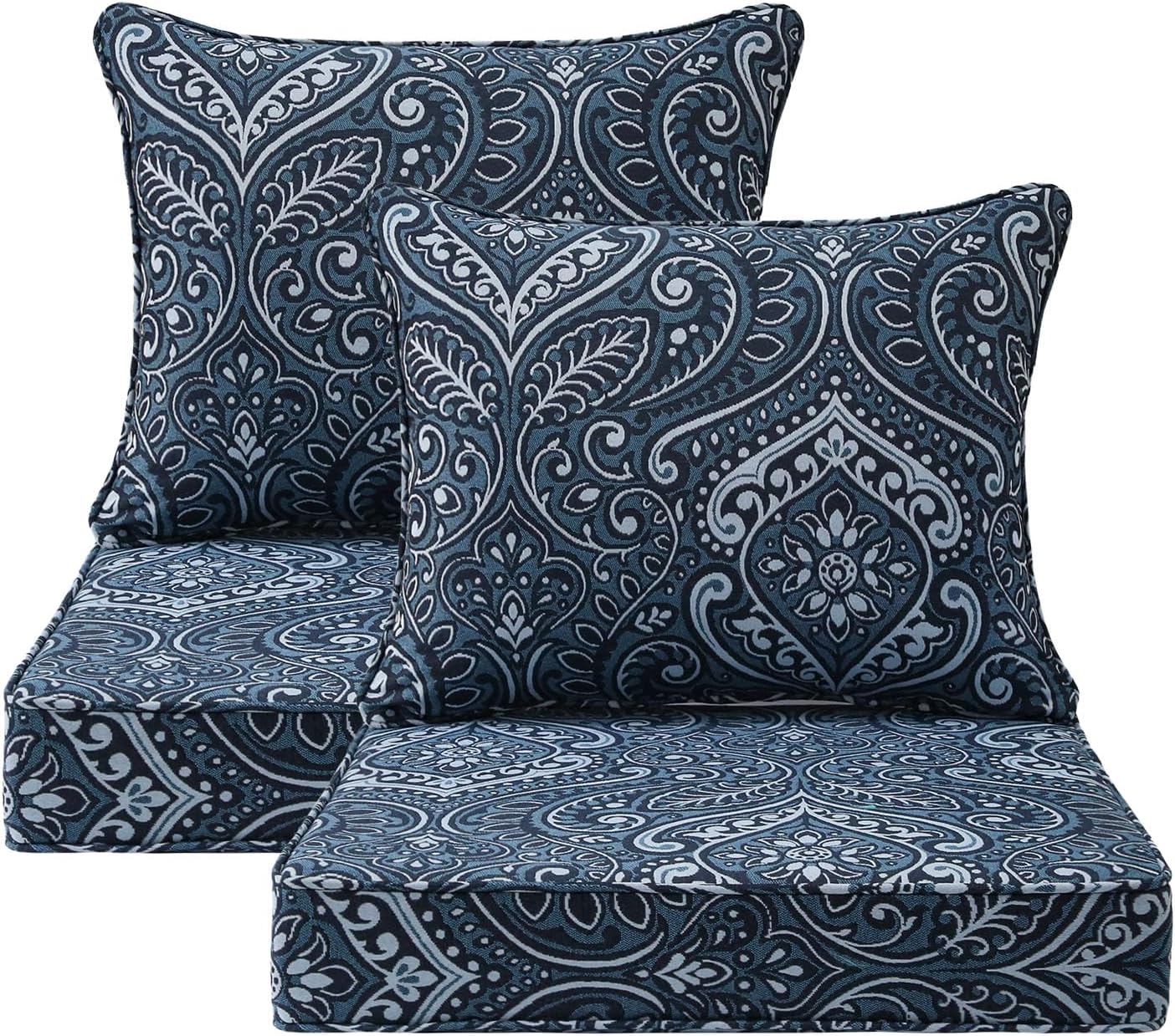 Outdoor Patio Chair Cushions Set, 22" x 22", Set of 2, Water-Repellent, Fade Resistant, Deep Seat Bottom and Back Cushion for Backyard, Couch, Sofa and Patio Furniture, Damask Blue Flower