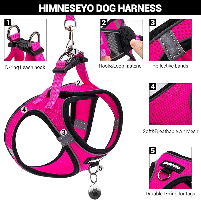 Dog Harness and Leash Set, Dog Harness for Dogs No Pull, No-Chock Step-in Reflective Breathable Lightweight Easy Walk Vest Harnesses with Safety Buckle for Small Medium Dogs, Cats (Rose red, L)