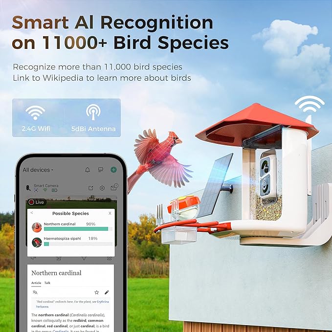 PerchMe® Bird Feeder with Camera,Solar Smart Bird Feeder with 1080P HD AI Identify Bird Species, Real Time Views and Notifications,DIY Add-ons & Hummingbird Feeder,Ideal Gift for Bird Watching Lover