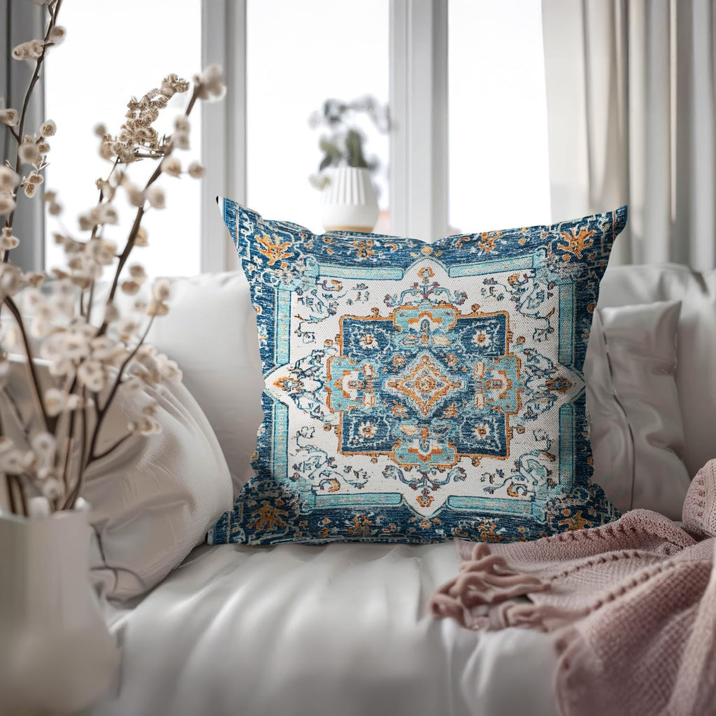 Bohemian Pillow Covers | Vintage Floral & Carpet Design | Double Sided Blue White Decorative Pillowcases for Couch, Bed | Indoor Outdoor Boho Home Decor (Blue&Yellow, 18x18inches)