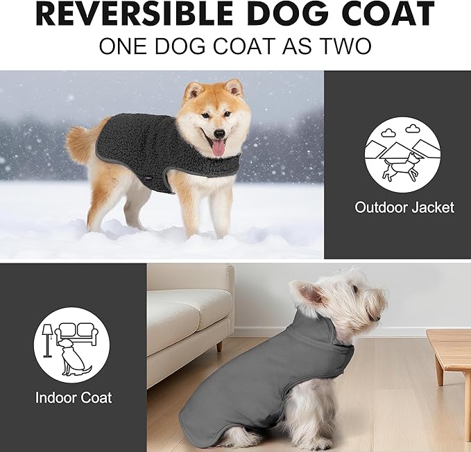 cyeollo Medium Dog Coat, Sherpa Dog Winter Coat Reversible Fleece Dogs Jackets Warm Doggie Sweater Vest for Small Medium Dogs Male with Leash Hole Soft Cold Weather Pet Clothes, Dark Grey XL