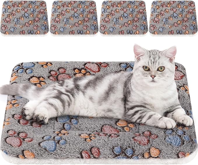 4 Pack Ultra Soft Dog Cat Bed Mat with Cute Prints Reversible Fleece Dog Crate Kennel Pad Cozy Washable Thickened Hamster Guinea Pig Pet Bed Mat for Small Animals(21 x 14 Inches,Gray)