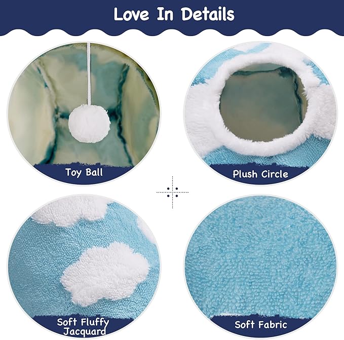 Tempcore Flannel Pet Cat Tunnel Tube Cat Toys 3 Way Collapsible, Cat Tunnels for Indoor Cats, Pet Toys Peek Hole Toy Ball Puppy, Kitty, Kitten, Rabbit, Cloud Blue