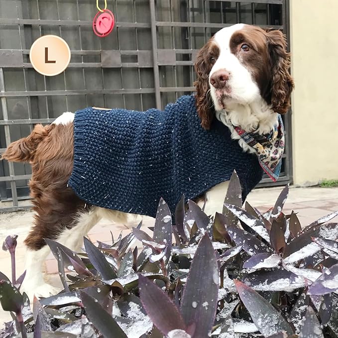 KYEESE Dog Sweater with Leash Hole Warm Pullover with Reflective Yarn for Small and Medium Dogs Male Soft Knit Pullover Boy Dog Coats Cozy Lightweight Thick Sweater,Navy Blue,Large