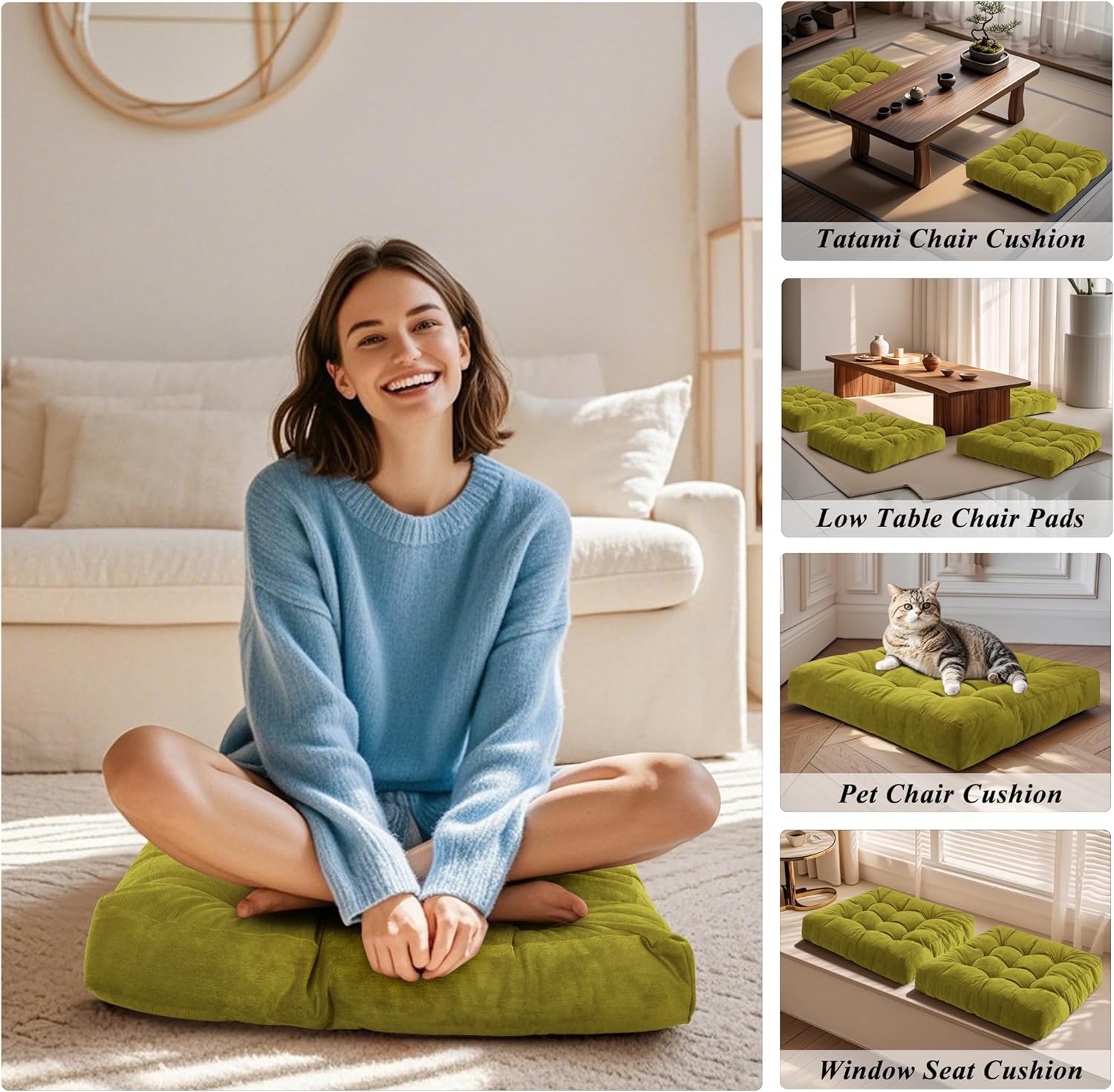 Meditation Floor Pillow 22×22 Inch 1 Pack Large Floor Cushions for Adults Square Tufted Corduroy Floor Pillows for Yoga Living Tatami Room Green