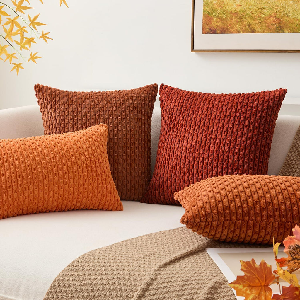 Kevin Textile Fall 12x24 Inch Pillow Cover 1 Pack Boho Decorative Soft Striped Corduroy Lumbar Farmhouse Solid Color Accent Rectangle Cushion Case for Living Room Couch Sofa Bed, Rust