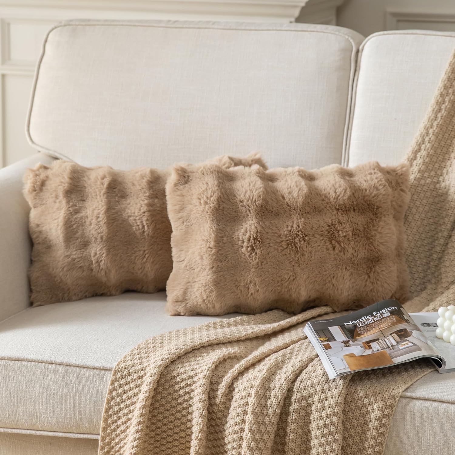 Pack of 2 Thick Plush Throw Pillow Covers Fluffy Wave Faux Fur Decorative Cushion Covers Soft Wool Pillowcase for Sofa Couch Livingroom 12x20 Inch Camel