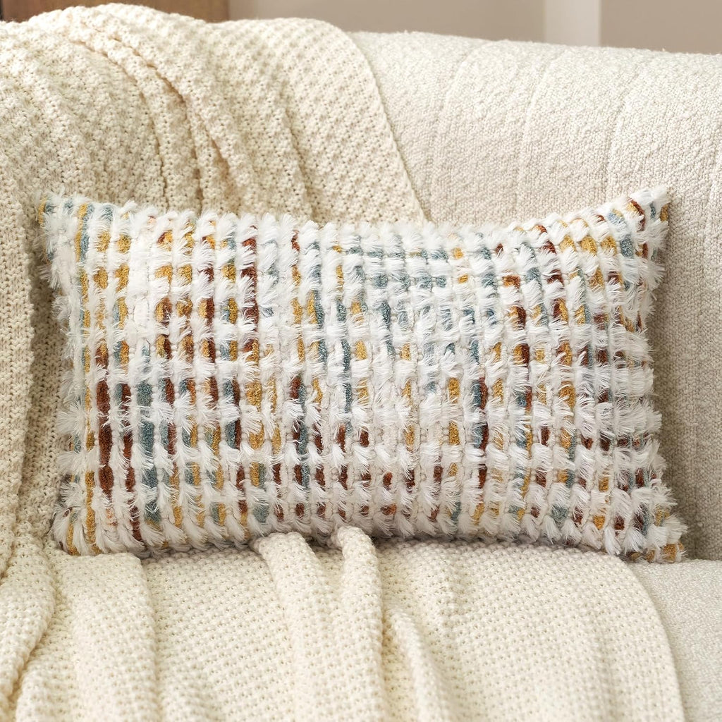 Aeckself Boho Chenille Tufted Pillow Cover 12 x 20 Inch, Rectangle Decorative Lumbar Throw Pillow Cover Neutral Pillowcase for Couch Bedroom Living Room, Orange White
