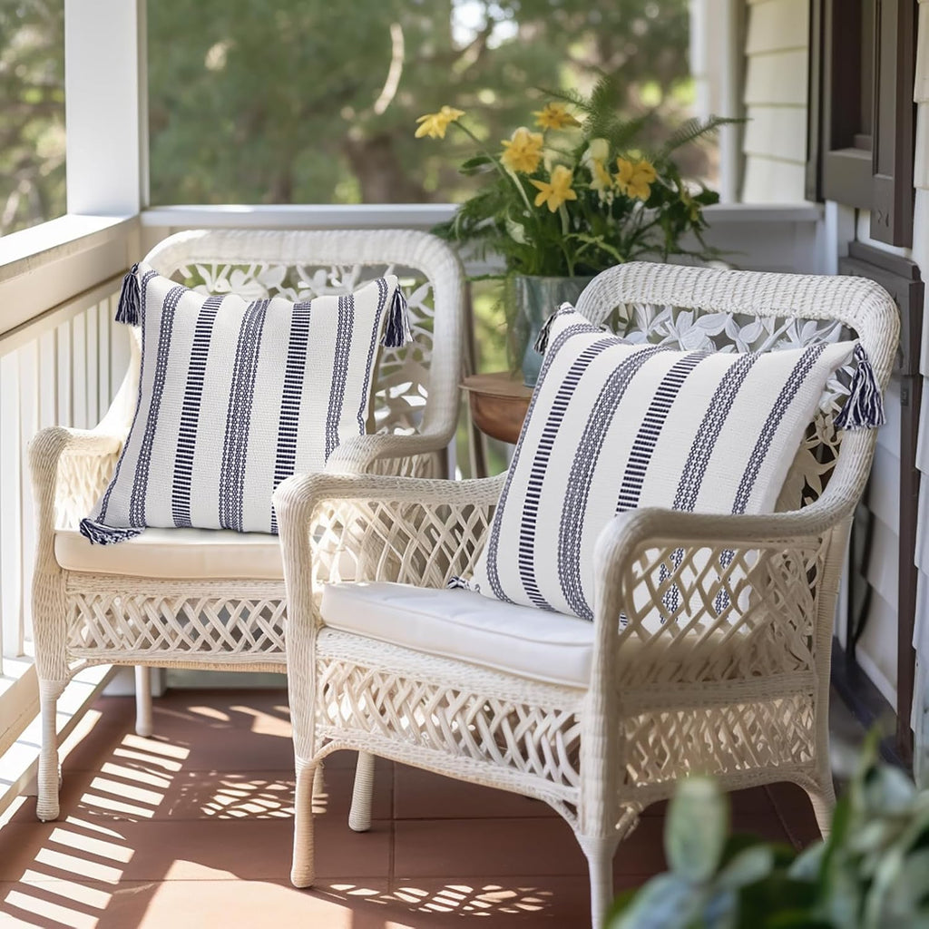 Smile Bee Boho Outdoor Couch Throw Pillow Covers Set of 2 Decorative Thick Woven Striped Accent Neutral Pillow Covers with Tassels for Bed Sofa Home Decor 20x20 Inch, Navy Blue and Cream White