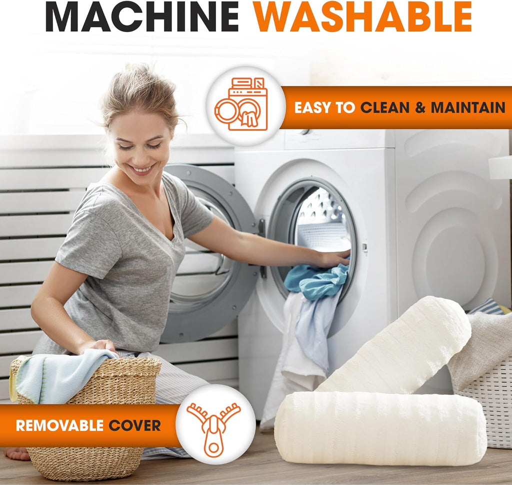 Cheer Collection Faux Fur Bolster Pillows – Soft Decorative Cylinder Pillows for Bed or Couch, Machine Washable – 8” x 24”, Set of 2, White