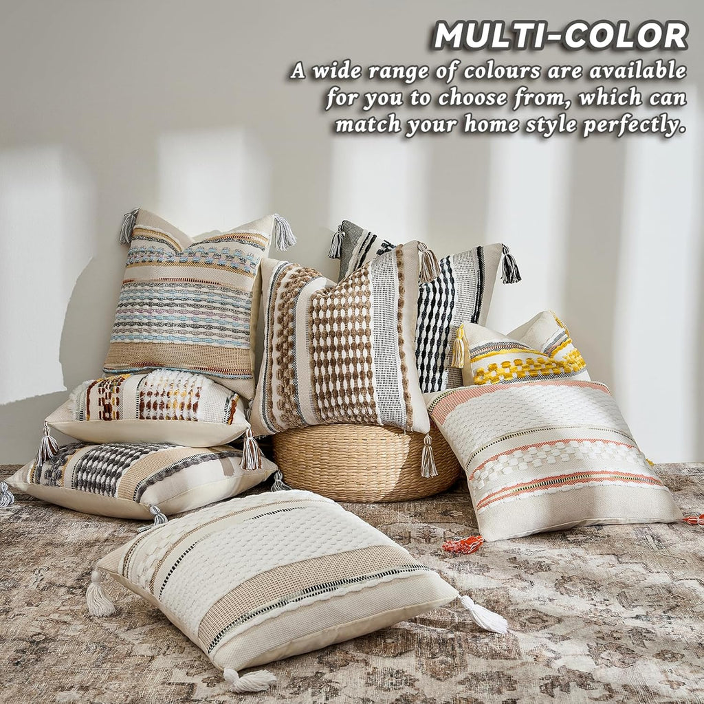 AmHoo Set of 2 Chenille Striped Textured Boho Throw Pillow Covers Aesthetic with Tassels Woven Decorative Pillow Case for Couch Bed Sofa Bedroom Modern Funky 18 x 18-Inch White