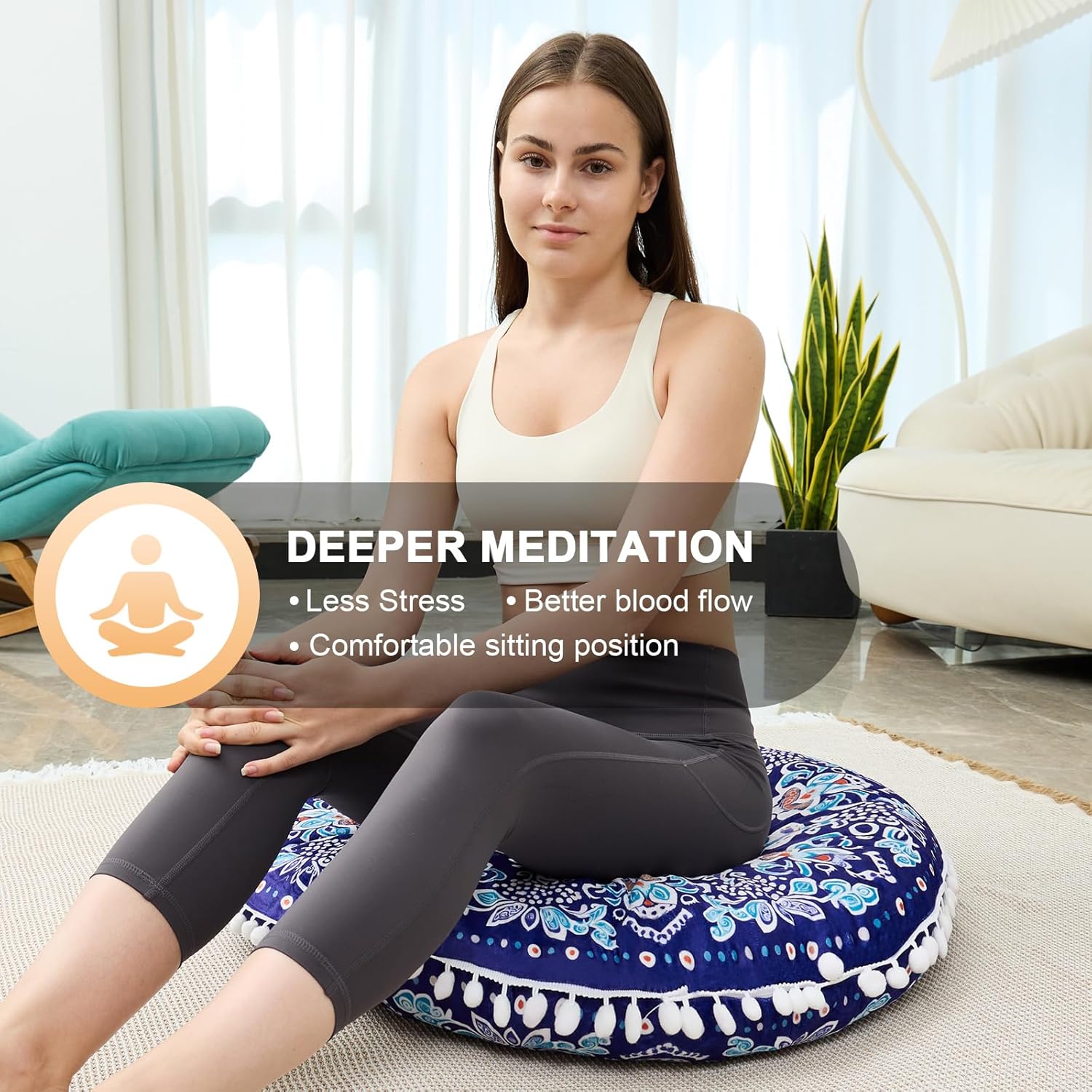 32 in Meditation Floor Cushion, Round Large Floor Pillow for Adult, Yoga Pillows for Sitting On Floor, Boho, Memory Foam Filling