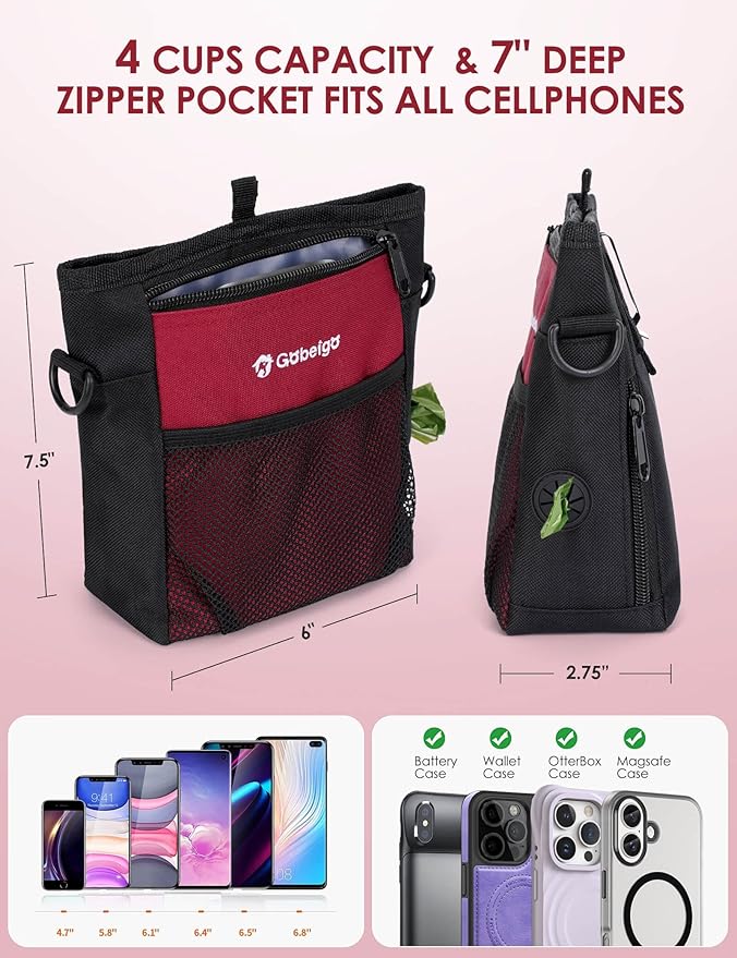 Gobeigo Dog Treat Pouch with Silicone Snack Bag, Front Pocket fits All Phones, 4 Cup Treat Bag with Training Clicker, Upgrade Stronger Magnetic Closure, 3 Ways to Wear Walking Fanny Pack (Red)