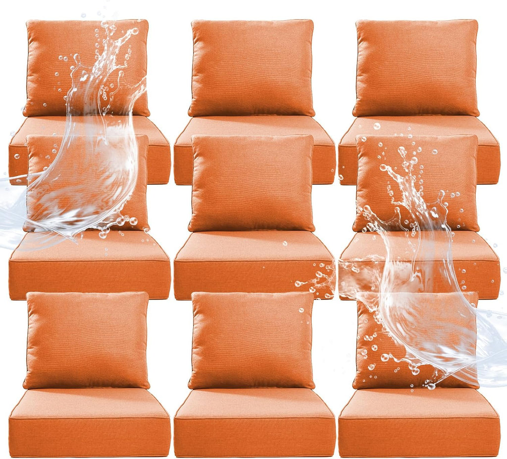6" Thicker Outdoor Chair Cushion 9 Sets - 24" *24" *6" Waterproof Patio Furniture Cushions with Removable Cover, 28D High Density Sponge Filling Thicken Outdoor Patio Cushions - Orange