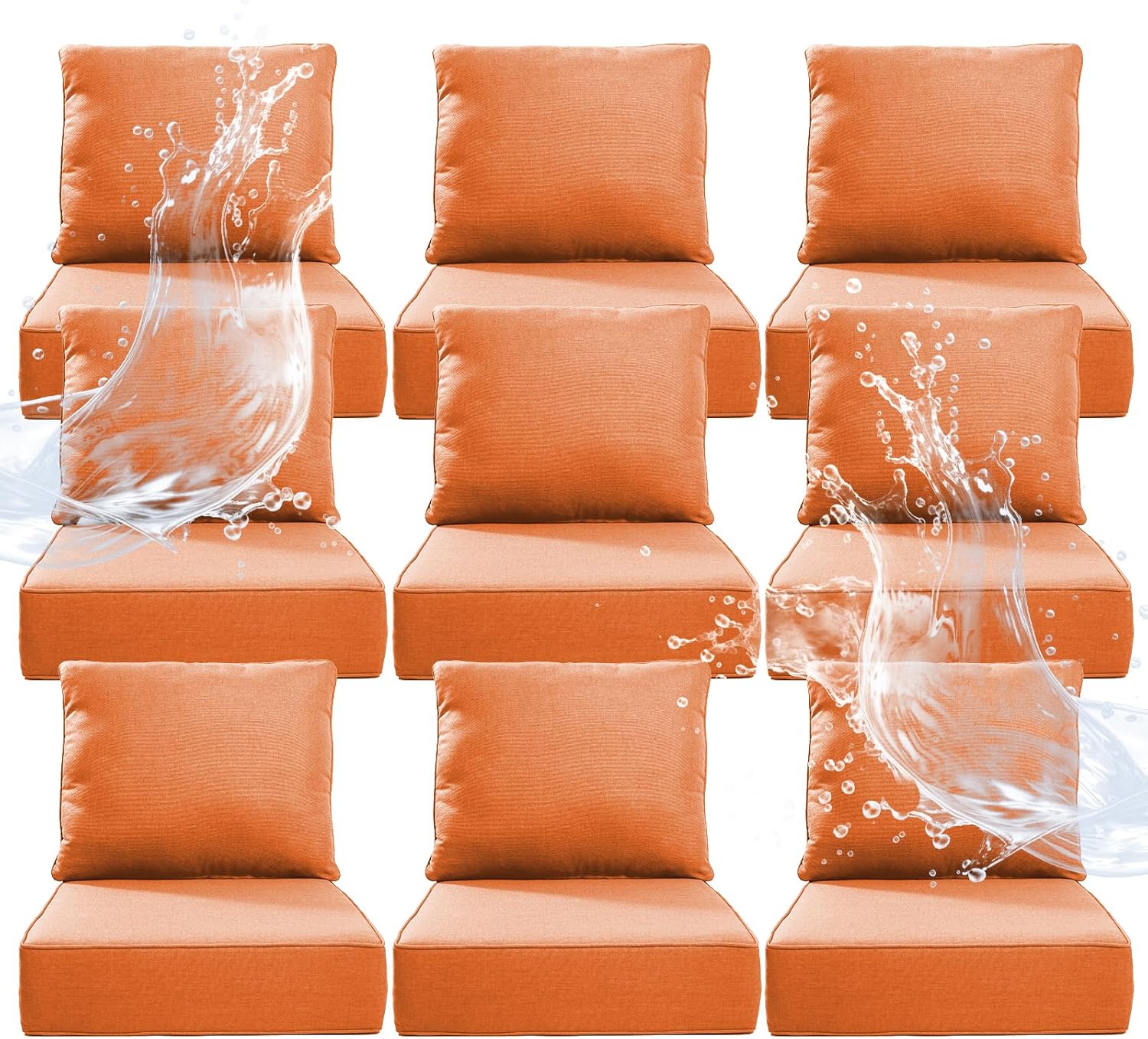 6" Thicker Outdoor Chair Cushion 9 Sets - 24" *24" *6" Waterproof Patio Furniture Cushions with Removable Cover, 28D High Density Sponge Filling Thicken Outdoor Patio Cushions - Orange