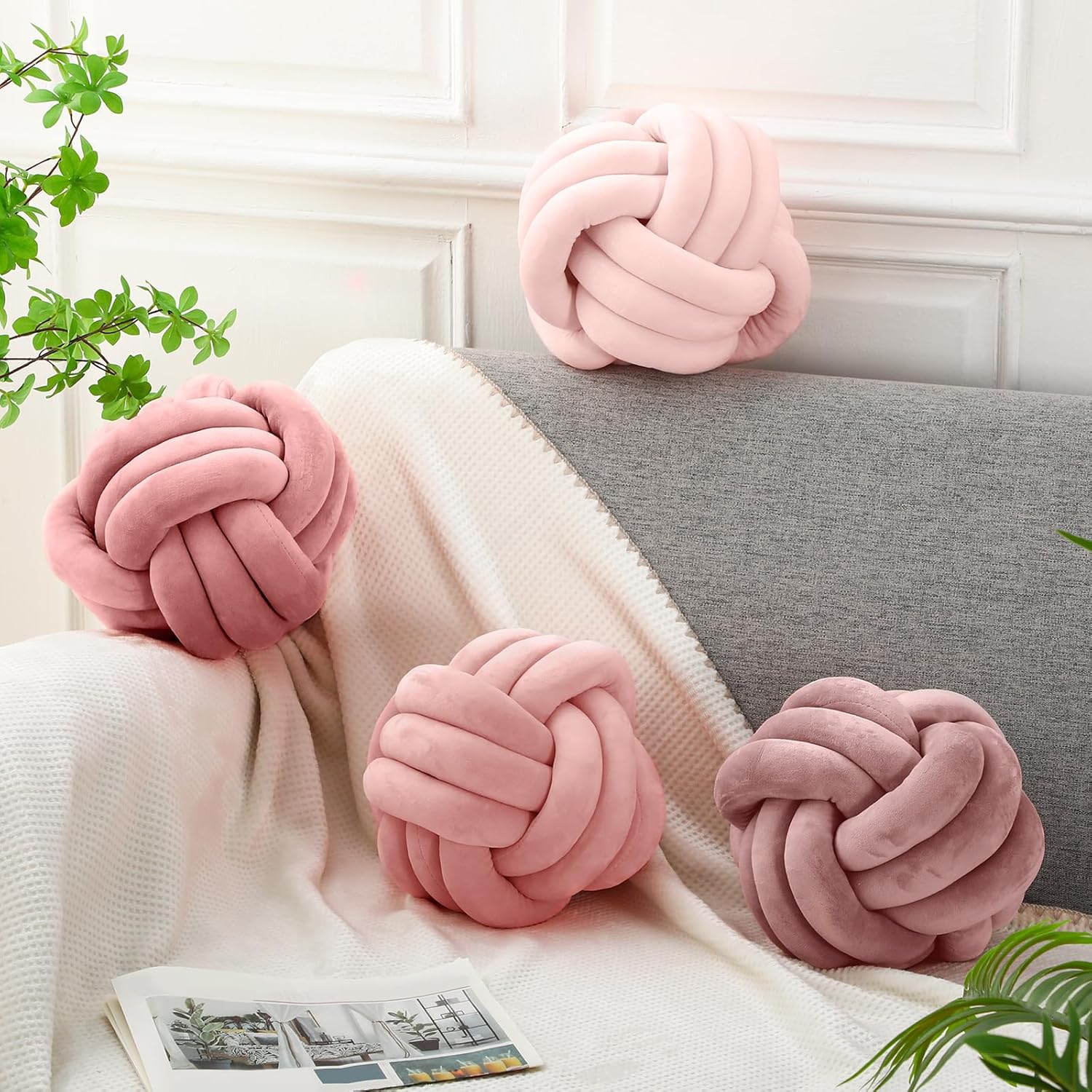 Yerliker 4 Pcs Knot Pillow Ball, 8.7 Inches Soft Home Decorative Round Throw Pillow Handmade Knotted Plush Accent Cushion Gifts for Nursery Decor Home Bed Sofa Bedroom Decoration