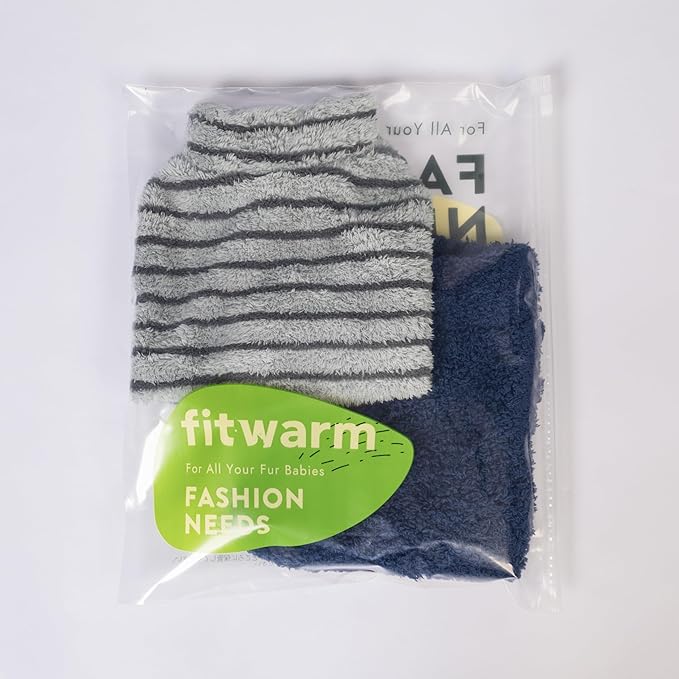 Fitwarm 2 Pack Striped Fleece Dog Sweater, Warm Winter Dog Clothes for Small Dogs Boy Girl, Fuzzy Pet Outfit, Doggy Pullover Jumper, Grey, Navy, Medium