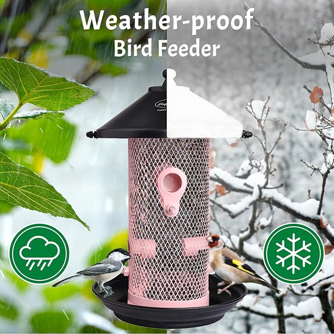 Hanging Metal Mesh Tube Bird Feeder for Wild Birds- Pink I 4 Metal Perches I Durable & Heavy -Duty I Weatherproof, Completely Removable Finch Bird Feeder for Balcony - 2 Lb Capacity