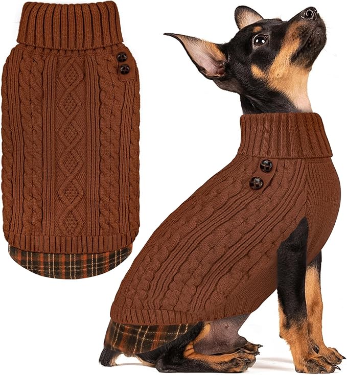 KYEESE Dog Sweater Thick Pet Coat for Fall Winter Cold Weather Stretchy Knitwear Cat Clothes Soft Pullover Dog Sweaters for Small Dogs Male Warm Turtleneck Small Dogs Sweater with Gingham Patchwork