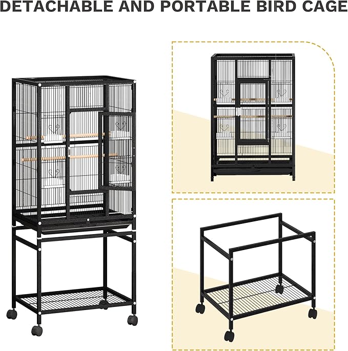 DWVO 53.9-Inch Metal Bird Cage: Large Parrot Cages with Seed Catcher & Cover - Rolling Stand with Brakes for Parakeets, Lovebirds, Cockatiels, Finches and Pigeons, Black