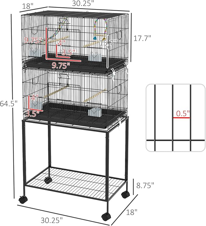 PawHut Double Stackable Bird Cage with Stand, Wooden Swing, Rope Ladder & Wheels for Canaries, Lovebirds Finches, Budgie Cage with Storage Shelf, Removable Tray, Wooden Perches & Food Containers