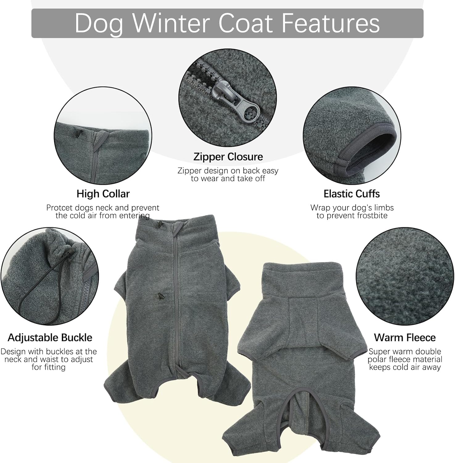 ROZKITCH Dog Winter Coat Soft Fleece Pullover Pajamas, Pet Windproof Warm Cold Weather Jacket Vest Cozy Jumpsuit Apparel Outfit Clothes for Small Medium Large Dog Walking Hiking Sleep Grey S
