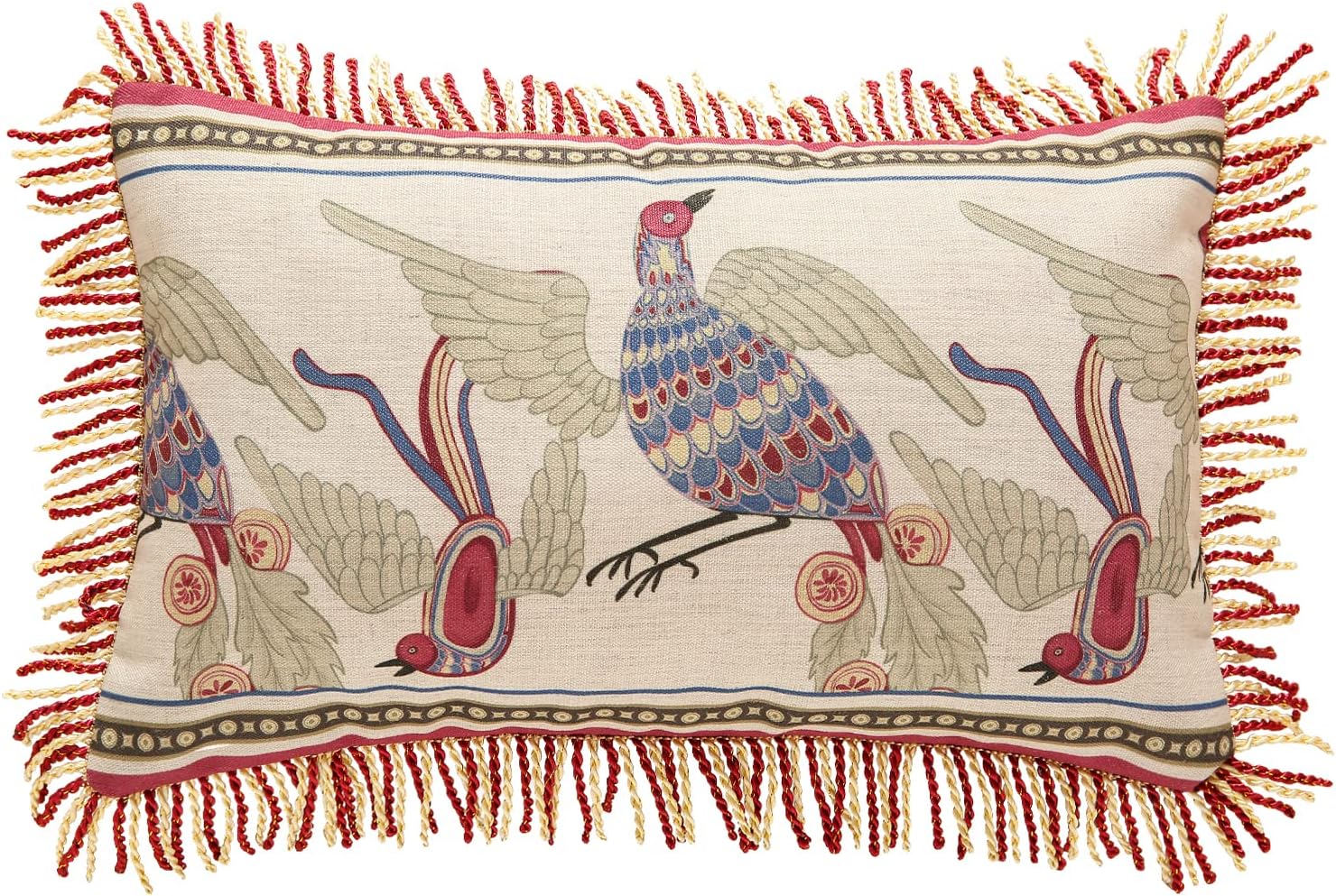 patdrea Designer Throw Pillow Covers 12"x20",Vintage Red Flying Bird Pattern Linen Pillowcases with Tassel Edges Pillows Cover for Couch,Decorative Rectangle Cushion for Living Room Outdoor Car