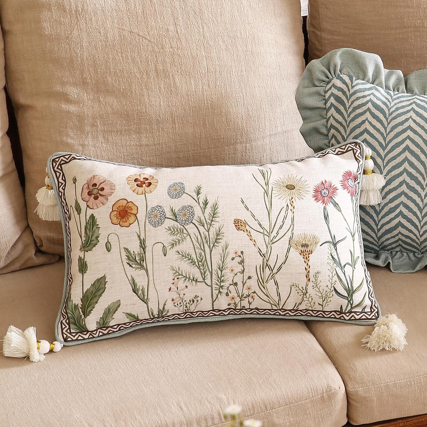 ISAENNE Design Linen Throw Pillow Covers 12"x20", Lumbar Farmhouse Cushion Covers with Yellow Purple Watercolor Wildflower Pattern Decor Pillowcases for Bed,Living Room,Outdoor,Car