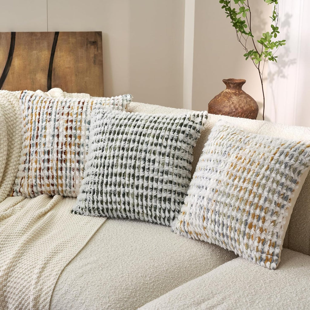 Aeckself Boho Chenille Tufted Pillow Cover 20 x 20 Inch, Decorative Square Throw Pillow Cover Neutral Pillowcase for Couch Bedroom Living Room, Orange White