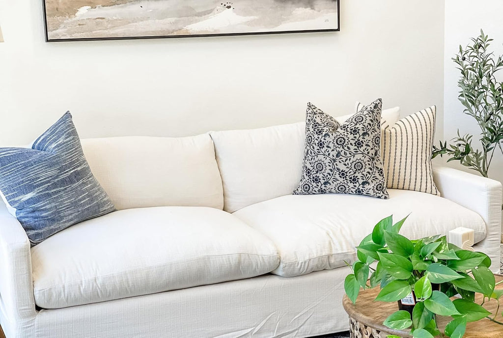 Designer Floral Print on Natural Linen Pillow Cover, Blue Pillow, Boho Pillow Cover, Decorative Throw Pillow, Navy Blue Pillow Cover, Dark Blue Pillow Cover (Navy Blue, 26x26)