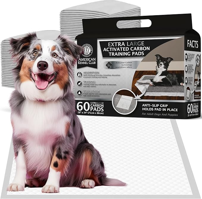 American Kennel Club Charcoal Puppy Training Pads, with Anti-Slip Adhesive Backing, Quick Dry Gel and Activated Carbon Odor Control (Charcoal, 60 Count - (XXL 28 x 34))