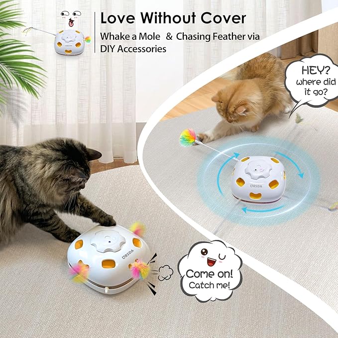 ORSDA Interactive Cat Toys for Indoor, 4 in 1 Automatic Cat Toy for Kitten, Rechargeable Smart Teaser Toys, Moving Ambush Feather, 8 Holes Mice Whack-A-Mole, Hide The Seek