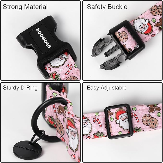 DOGWONG Christmas Cotton Dog Collar, Pink Santa Claus Dog Collar Durable Holiday Pet Dog Collars Cute Puppy Necklace for Small Dogs