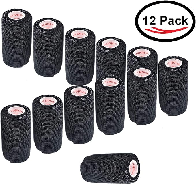4 Inch Vet Wrap Tape Bulk (Black) (Pack of 12) Self Adhesive Adherent Adhering Flex Bandage Grip Roll for Dog Cat Pet Horse
