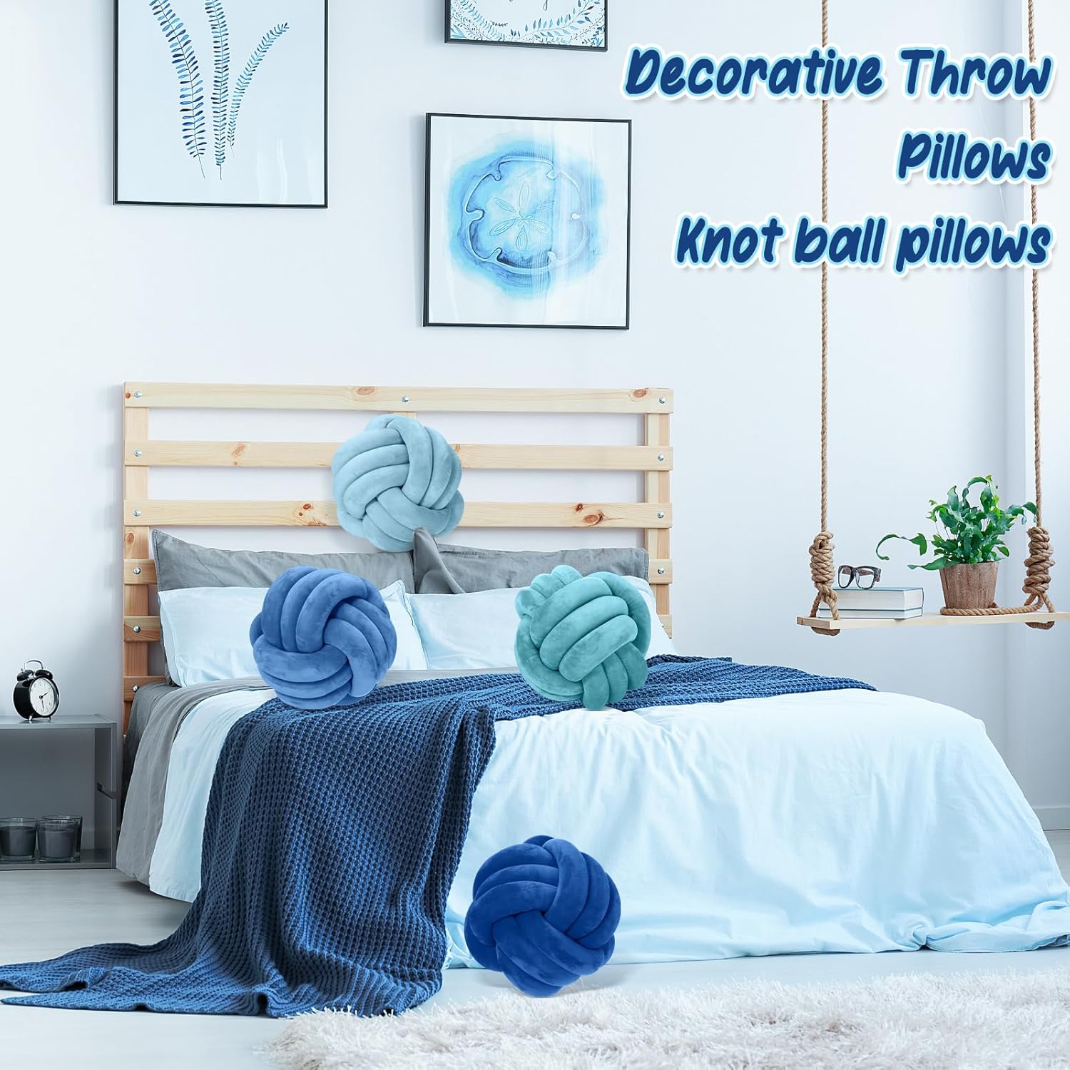 Yerliker 4 Pcs Knot Pillow Ball, 8.7 Inches Soft Home Decorative Round Throw Pillow Handmade Knotted Plush Accent Cushion Gifts for Nursery Decor Home Bed Sofa Bedroom Decoration